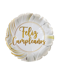 Globo  Microfoil Feliz Cumpleaños Marmoleado Blanco Dorado Redondo 18 in