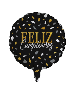 Globo  Microfoil Feliz Cumpleaños Terrazo Dorado Negro Redondo 18 in