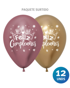 Paquete de Globos Imp Feliz Cumpleaños Coronas R-12 x 12 unds