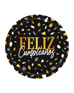 Plato de Cartón Mediano con “Feliz Cumpleaños” Terrazo Dorado Negro