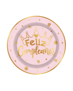 Plato de Cartón Mediano Metalizado con “Feliz Cumpleaños” y Coronitas