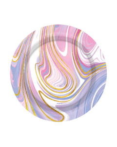 Plato de Cartón Mediano Metalizado con Diseño Marmoleado Rosa 