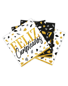 Servilleta de Papel Pequeña con “Feliz Cumpleaños” Terrazo Dorado Negro