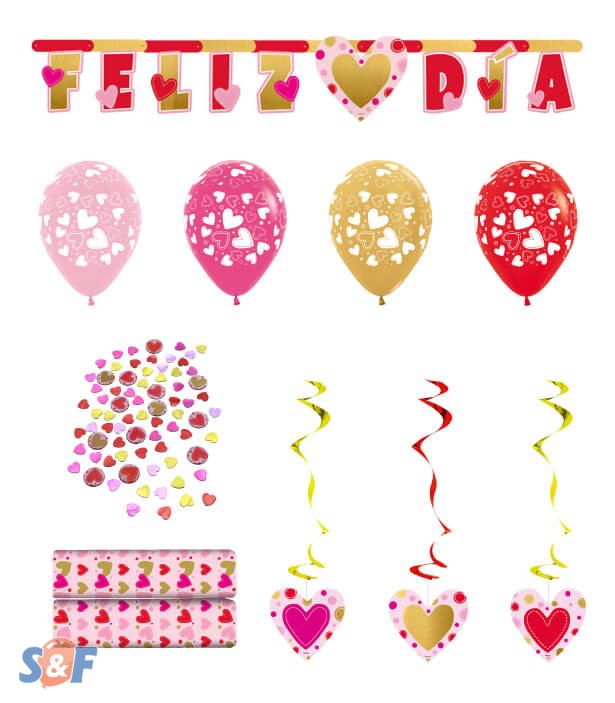 Kit decoración Feliz Día Guirnalda Corazones x 5 productos