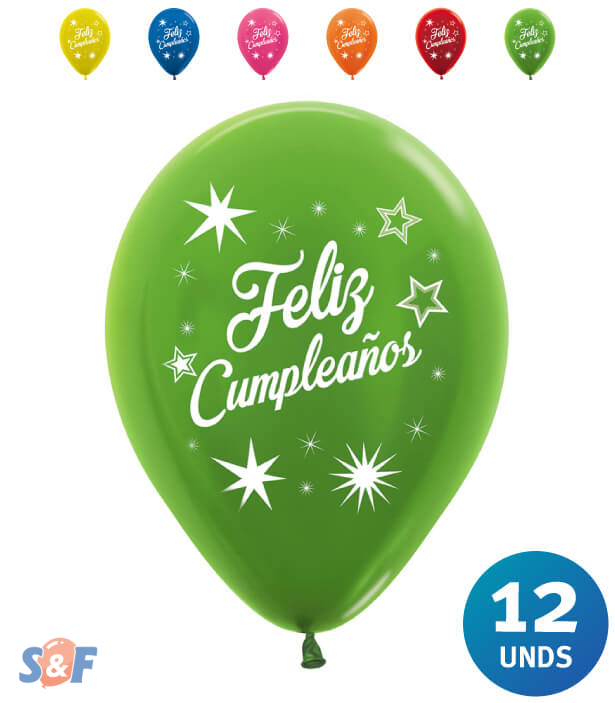 Paquete Globos Impresos Feliz Cumpleaños Destellos, Tonos Metal R-12 x 12  unds