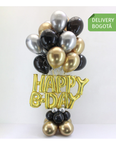 Bouquet grande de globos con Helio en dorado, plata y negro, con las letras de Happy BDay en Dorado y base en globos