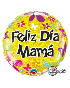 Globo Feliz Día Mamá, Flores y Mariposas, Holográfico, Microfoil 18 in