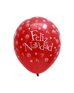 Globo infinity con cabezas de Papá Noel, texto de Feliz Navidad y regalos