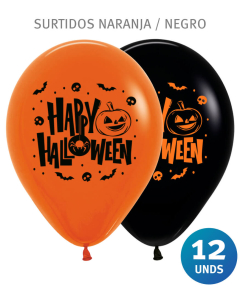 Globos negro y naranja fashion impresos por 2 caras con Happy Halloween tamaño R-12
