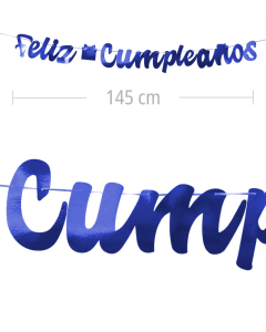 Aviso de Feliz Cumpleanos en letra cursiva y color azul metalizado de 145 cm de ancho