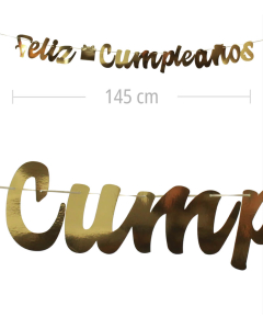 Aviso de Feliz Cumpleanos en letra cursiva y color dorado metalizado de 145 cm de ancho