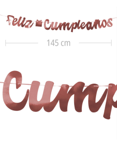 Aviso de Feliz Cumpleanos en letra cursiva y color dorado rosada metalizado de 145 cm de ancho