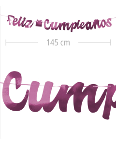 Aviso de Feliz Cumpleanos en letra cursiva y color fucsia metalizado de 145 cm de ancho