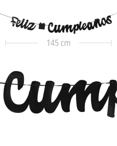 Aviso de Feliz Cumpleanos en letra cursiva y color negro textura metalizado de 145 cm de ancho