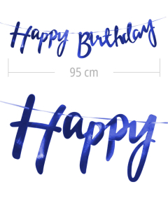 Aviso de happy birthday en letra cursiva y color azul metalizado de 95 cm de ancho