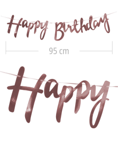 Aviso de happy birthday en letra cursiva y color rosada metalizado de 95 cm de ancho