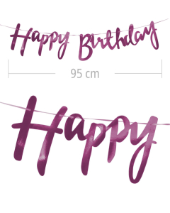 Aviso de happy birthday en letra cursiva y color fucsia metalizado de 95 cm de ancho