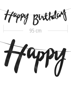 Aviso de happy birthday en letra cursiva y color negro  metalizado de 95 cm de ancho