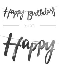 Aviso de happy birthday en letra cursiva y color plateado metalizado de 95 cm de ancho