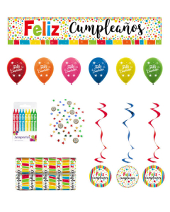 Kit Decoración Feliz Cumpleaños, Puntos Multicolor