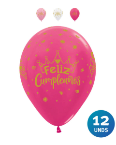 Paquete Globos Infinity Feliz Cumpleaños Coronas, Tonos Satín y Metal R-12 x 12 unds