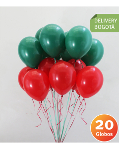 Ramillete de 20 globos rojos y verdes, con Helio Certificado y cintas
