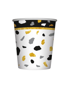 Vaso de Cartón Mediano con “Feliz Cumpleaños” Terrazo Dorado Negro de 9 oz