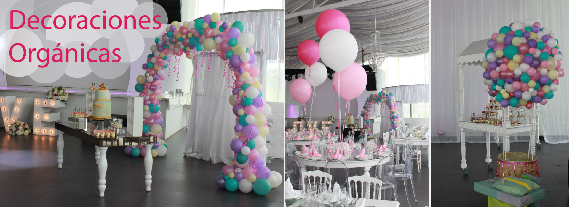 Decoracion Orgánica en globos de látex pasteles y satín, formando arcos y esferas irregulares, acompañados de bouquets gigantes en las mesas.