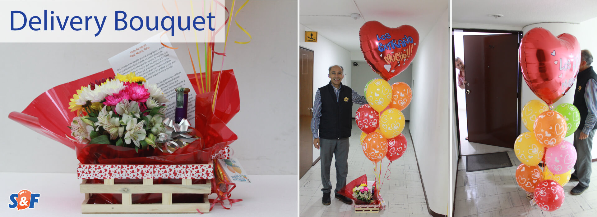 Delivery Bouquete, un servicio donde entregamos tu regalo acompañado de un arreglo (en globos de látex y microfoil) personalizados e inflados con Helio.