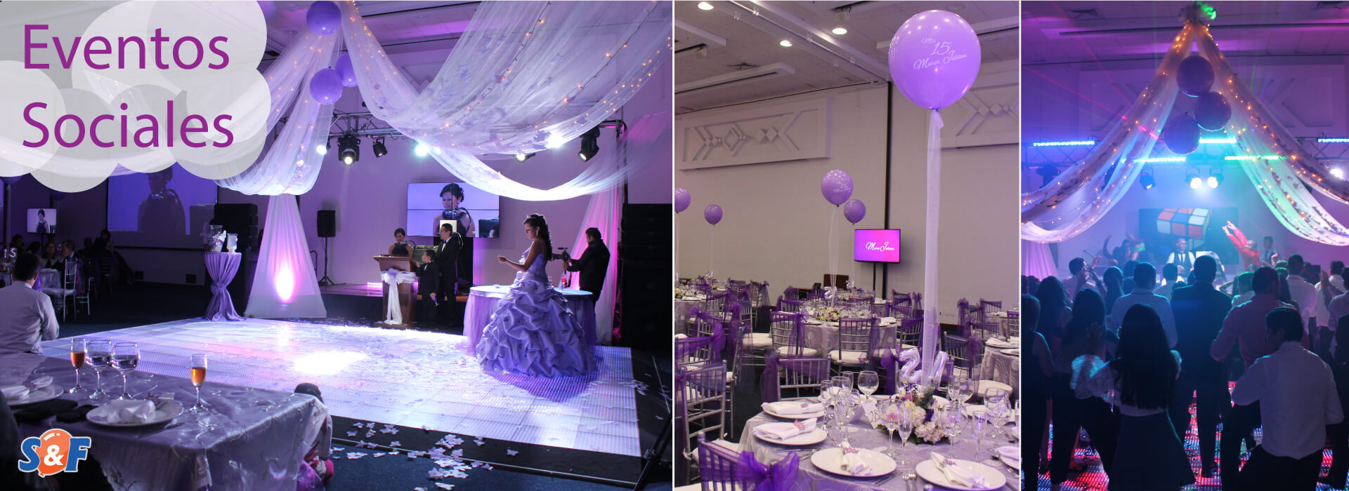 Evento Social de 15 Años Espectacular, con pista LED, pagoda, miniteca y decoración de ambiente en tonos lilas y fucsias