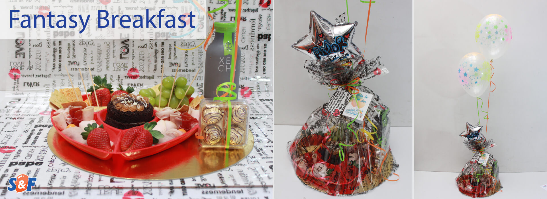 Fantasy Breakfats, Desayuno Goutmet con frutas, tabla de quesos, bebida y postre, con su bouquete de globos con helio y globo de microfoil personalizado.