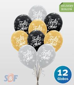 Lluvia de 12 Globos Año Nuevo Inflados con Helio Certificado y Entrega en Bogotá
